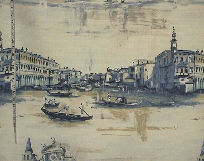 Artistic depiction of a Venetian canal scene with gondolas and buildings.