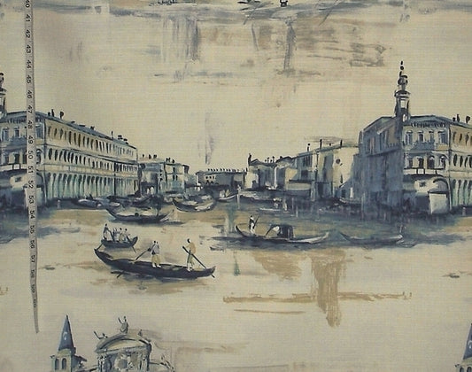 Artistic depiction of a Venetian canal scene with gondolas and buildings.