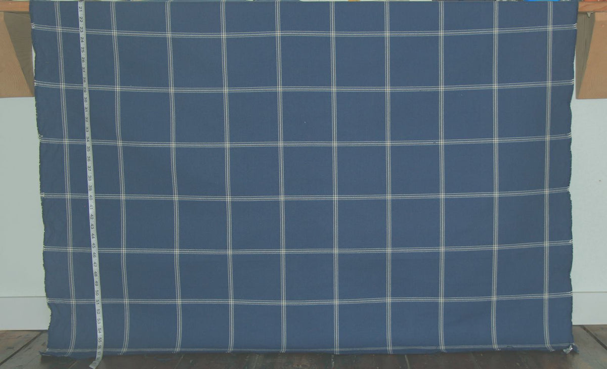 Blue windowpane plaid upholstery fabric Remnant- 36"