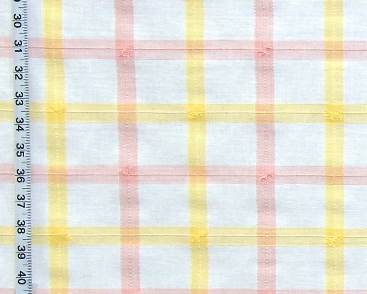 Pink peach yellow windowpane plaid fabric