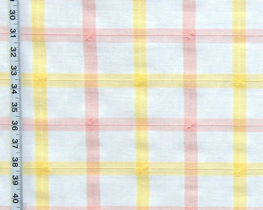 Pink peach yellow windowpane plaid fabric