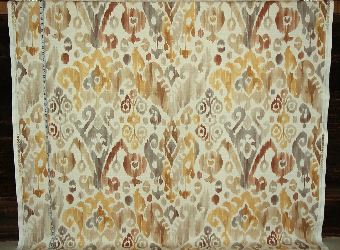 Gold brown grey ikat fabric watercolor 50"