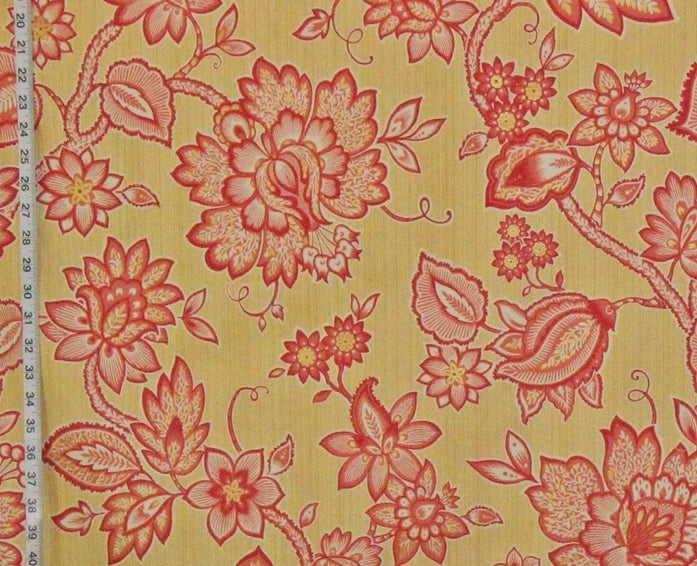 Yellow Salmon Orange Floral Fabric Gold Metallic Floral