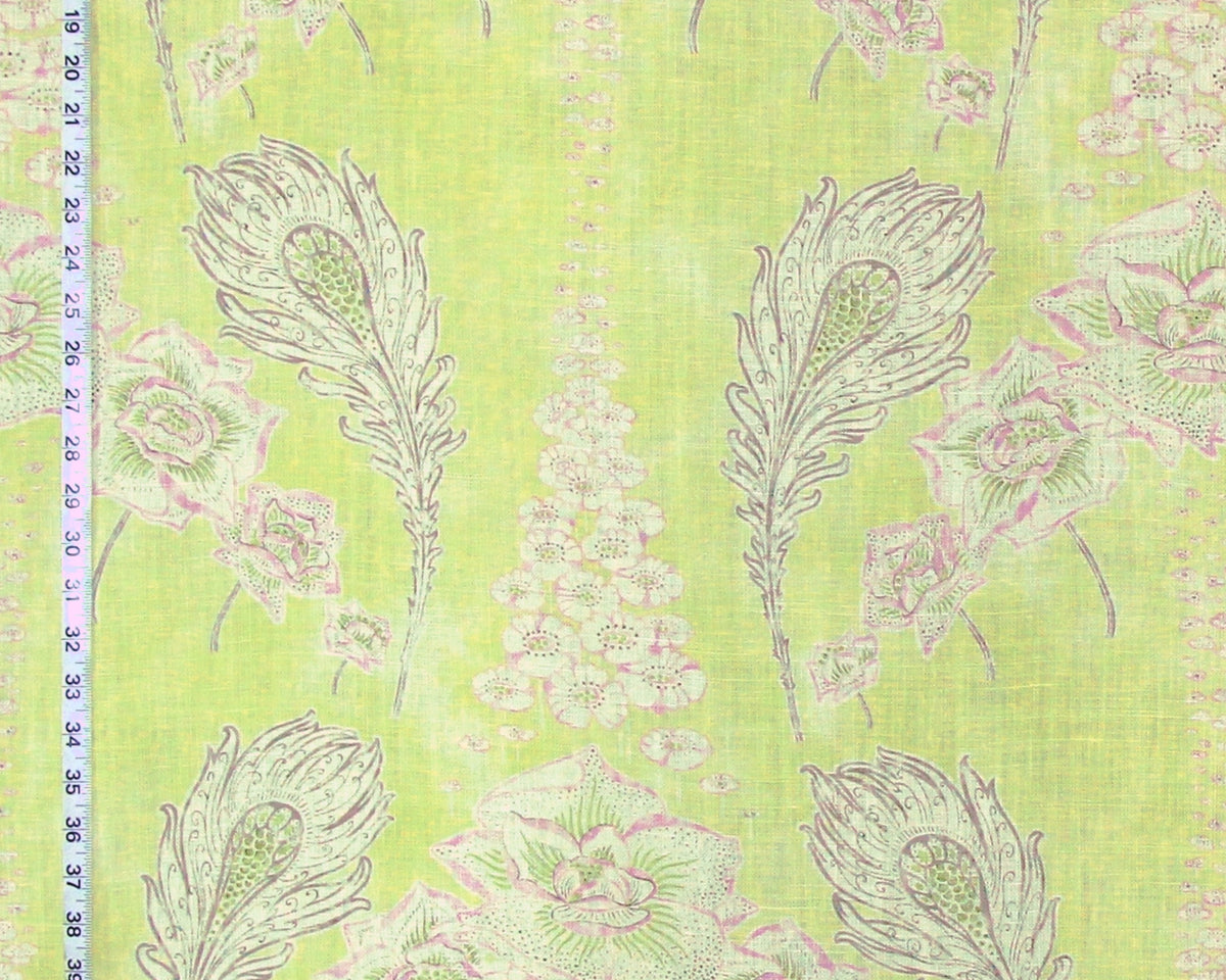 Acquitaine fabric Liberty chartreuse pastel pink floral feathers linen