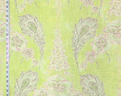Acquitaine fabric Liberty chartreuse pastel pink floral feathers linen