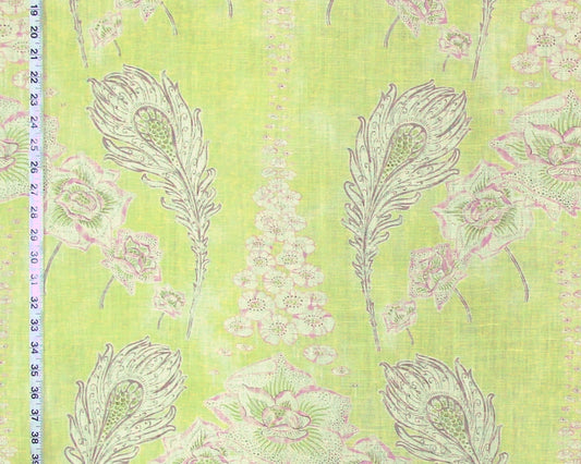 Acquitaine fabric Liberty chartreuse pastel pink floral feathers linen
