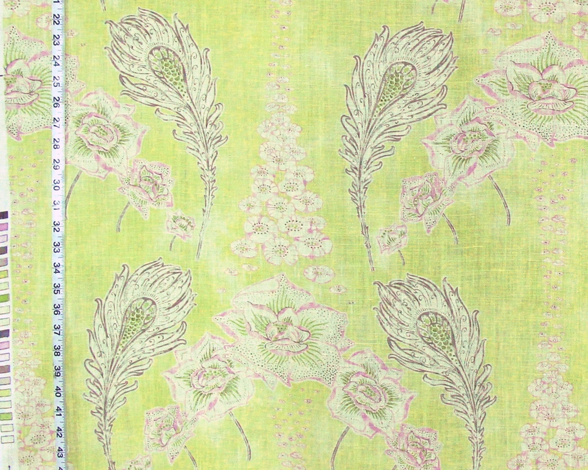 Acquitaine fabric Liberty chartreuse pastel pink floral feathers linen
