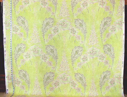 Acquitaine fabric Liberty chartreuse pastel pink floral feathers linen