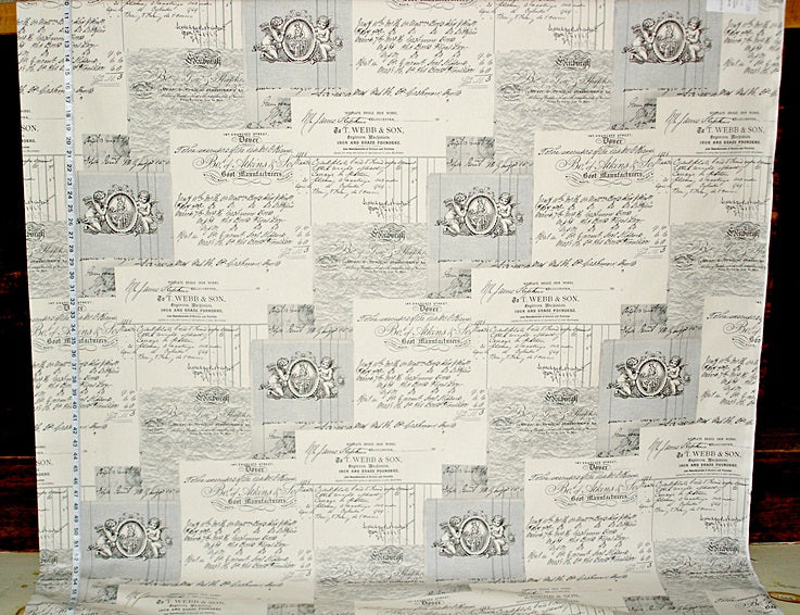 Angel Toile Fabric French Document Script Grey Black