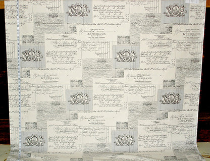 Angel Toile Fabric French Document Script Grey Black