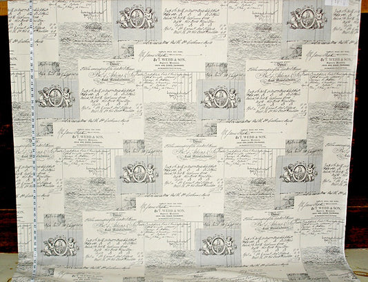 Angel Toile Fabric French Document Script Grey Black