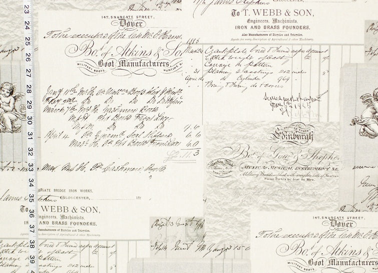 Angel Toile Fabric French Document Script Grey Black