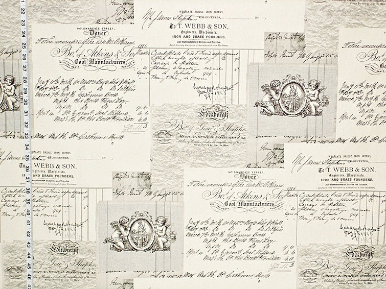 Angel Toile Fabric French Document Script Grey Black