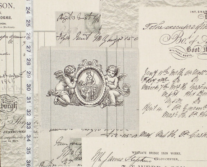 Angel Toile Fabric French Document Script Grey Black