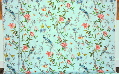 Blue bird garden fabric aqua floral