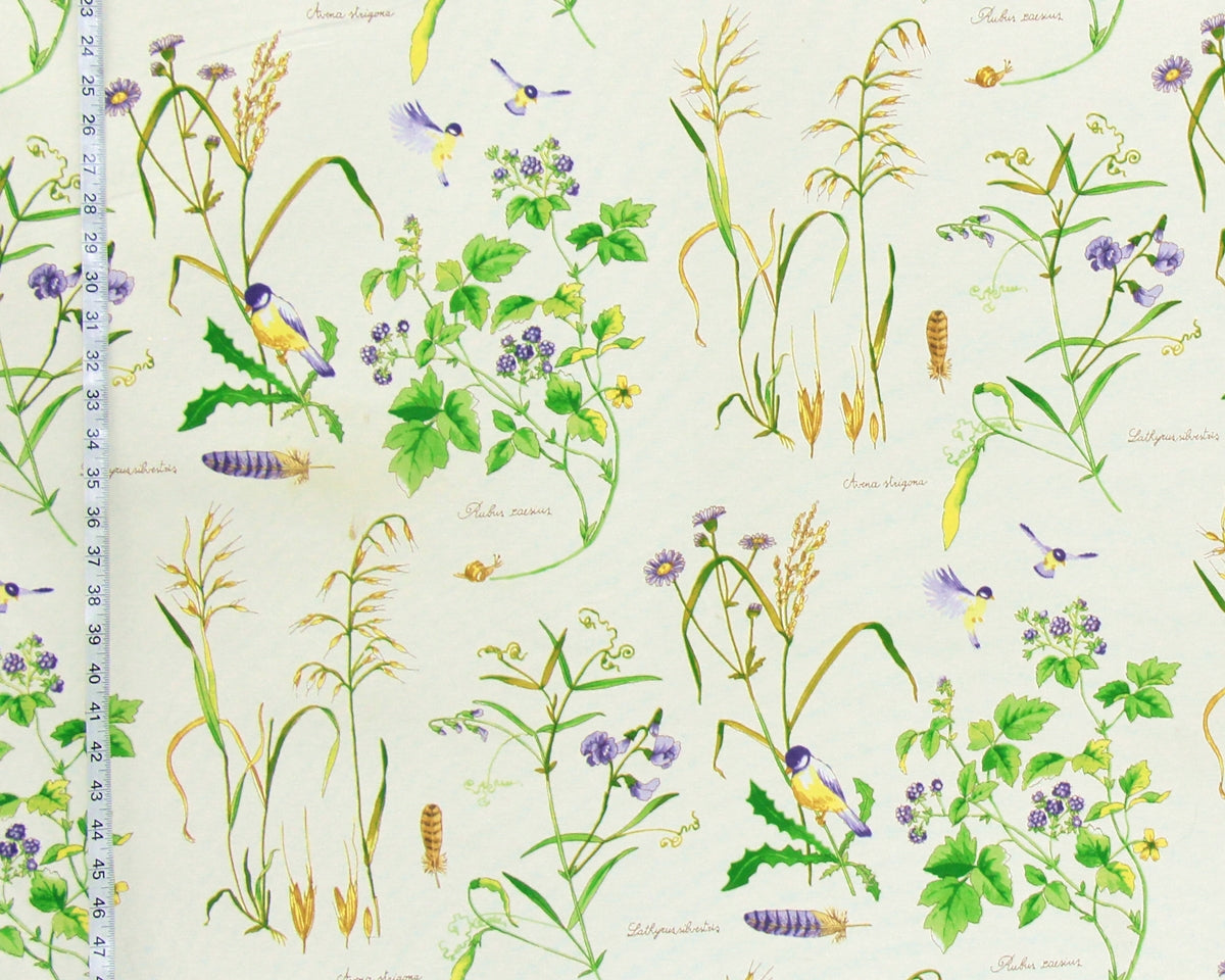 Summer meadow fabric blackberry bird purple sweet pea aster