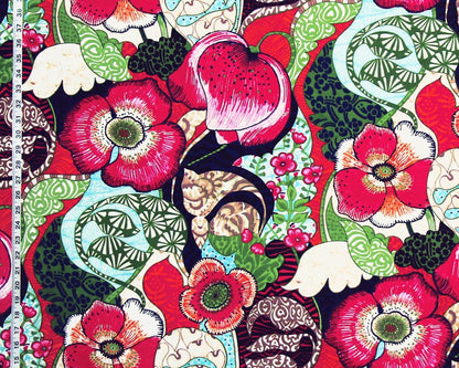 Fantasy floral garden fabric red pink orange whimsical mid-century