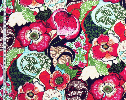 Fantasy floral garden fabric red pink orange whimsical mid-century