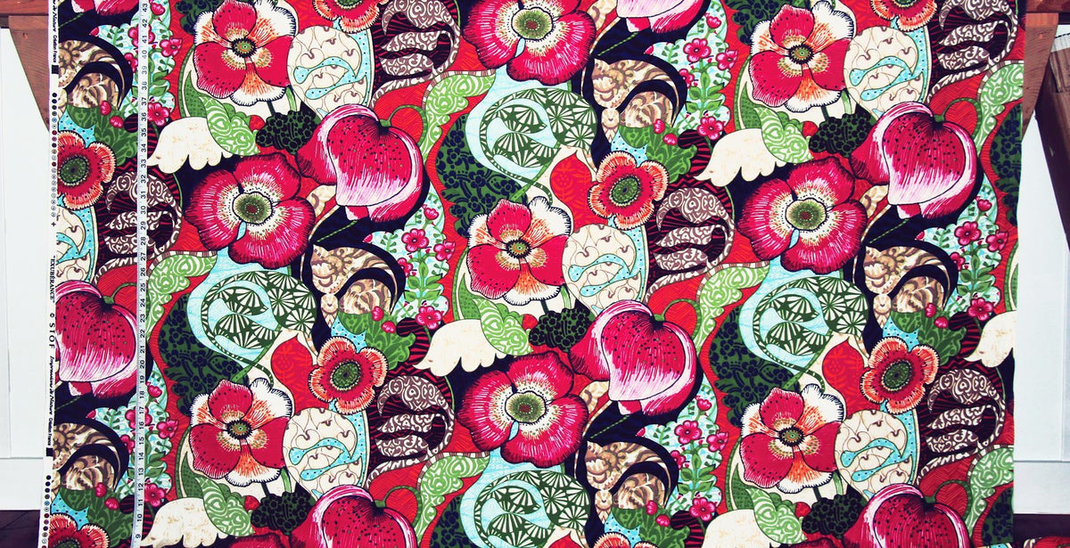 Fantasy floral garden fabric red pink orange whimsical mid-century