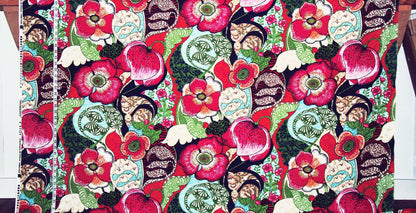 Fantasy floral garden fabric red pink orange whimsical mid-century
