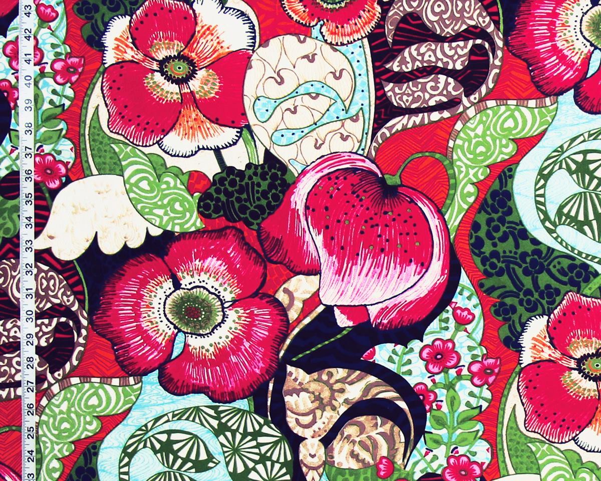 Fantasy floral garden fabric red pink orange whimsical mid-century