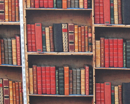 fabric with library books printed on shelves