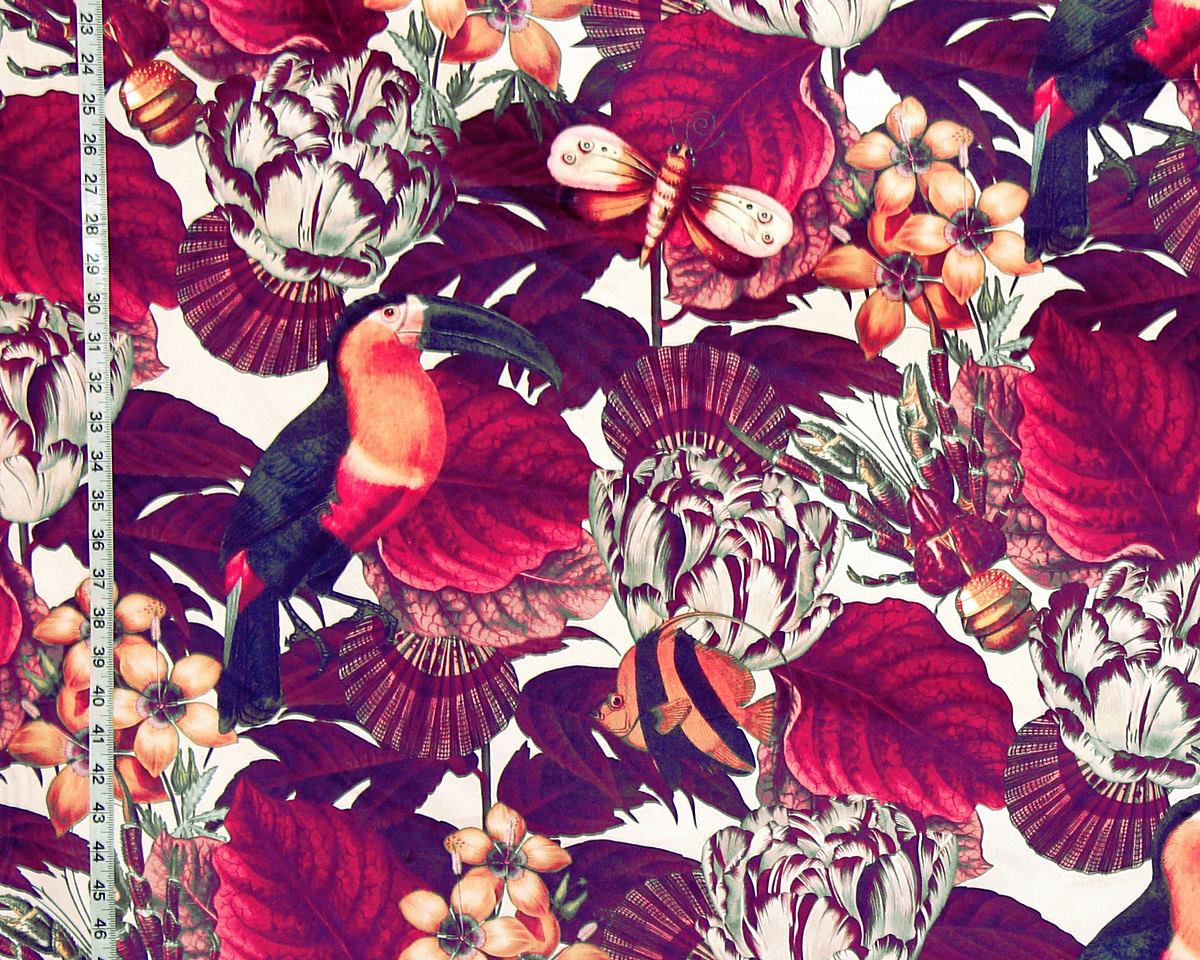Tropical botanical fabric toucan floral fauna seashell bird fish velvet material