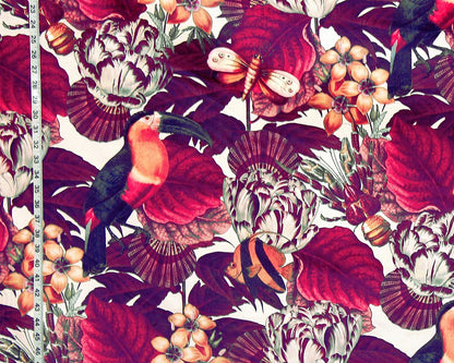 Tropical botanical fabric toucan floral fauna seashell bird fish velvet material
