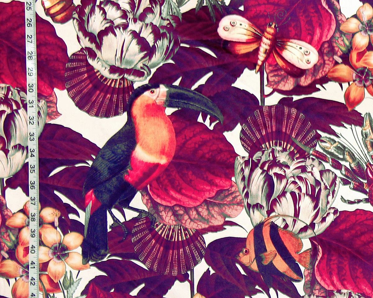 Tropical botanical fabric toucan floral fauna seashell bird fish velvet material