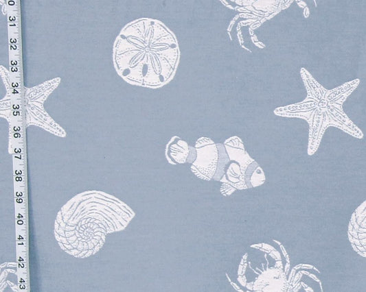 Purple-Blue Seashell Fabric - Starfish, Tropical Fish, Crab, Upholstery