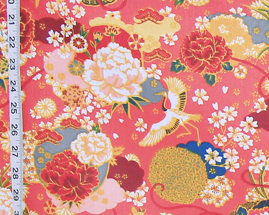 Asian crane garden fabric coral pink floral flower