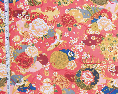 Asian crane garden fabric coral pink floral flower