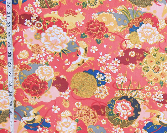 Asian crane garden fabric coral pink floral flower