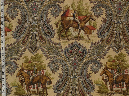 Horse jockey fabric paisley blue toile
