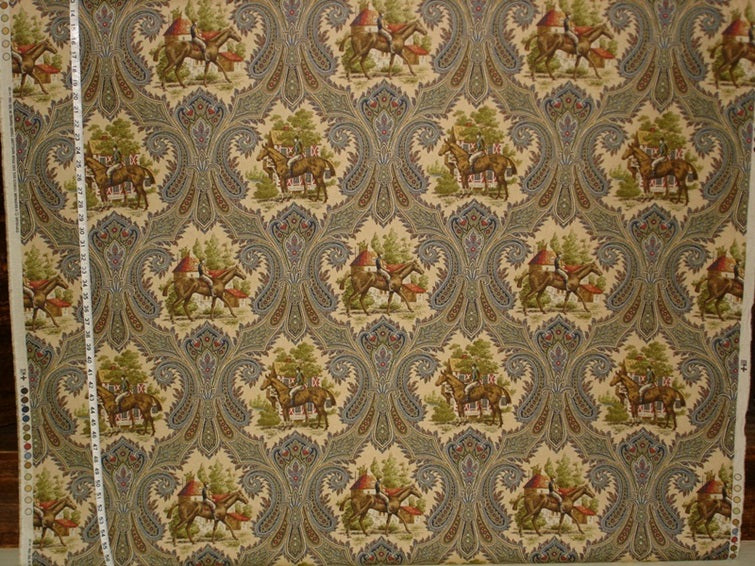 Horse jockey fabric paisley blue toile