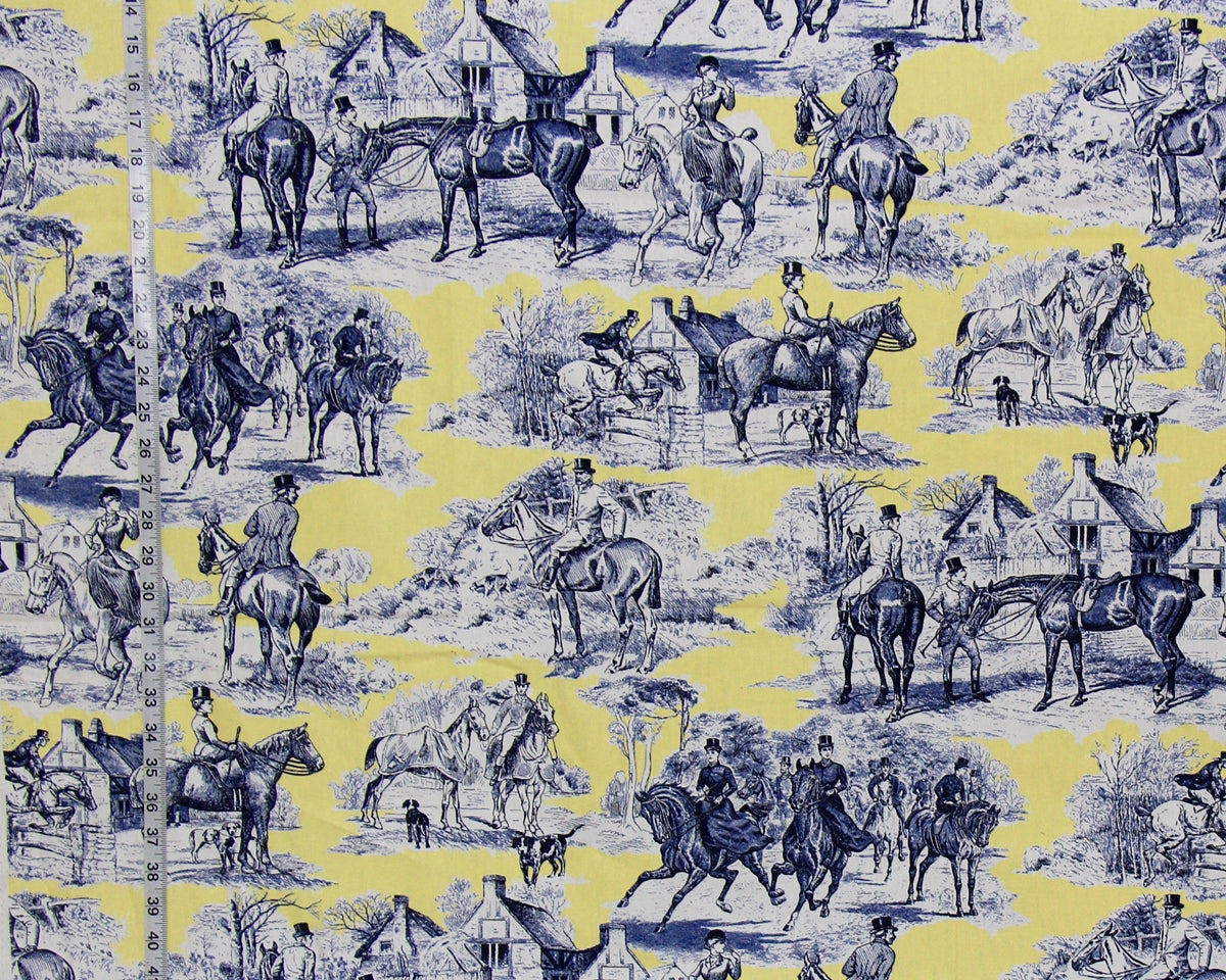 Yellow blue equestrian horse fabric Victorian toile
