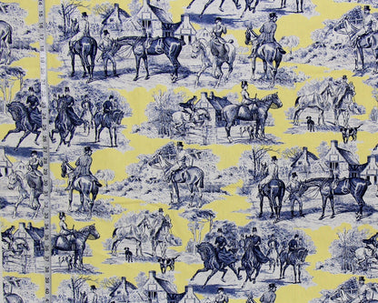 Yellow blue equestrian horse fabric Victorian toile