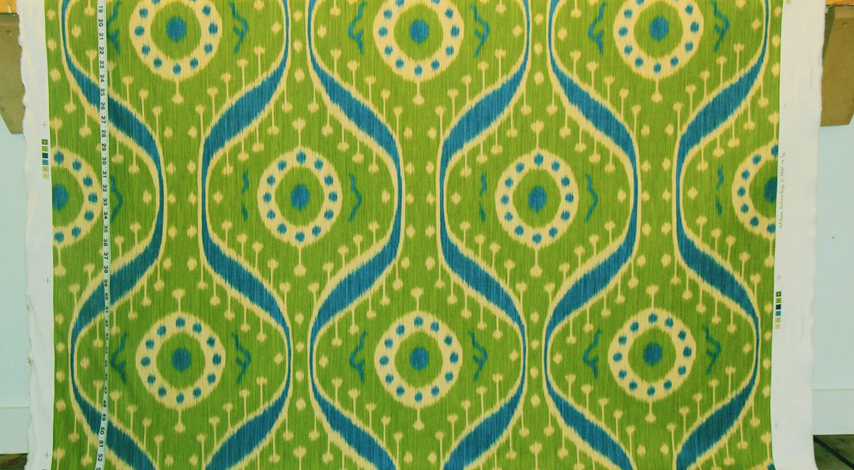 Clarence House fabric tribal blue green ikat linen Tagore