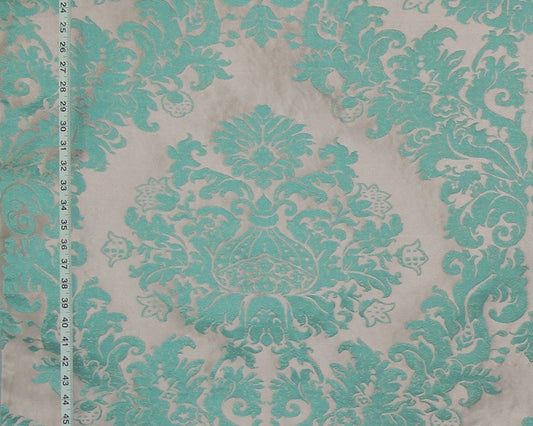 Clarence House Kumar Aqua, Violet Damask Fabric Silk