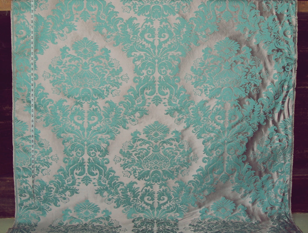 Clarence House Kumar Aqua, Violet Damask Fabric Silk
