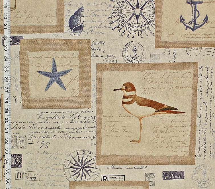 Nautical Beach Fabric Seashells Vintage French Letters