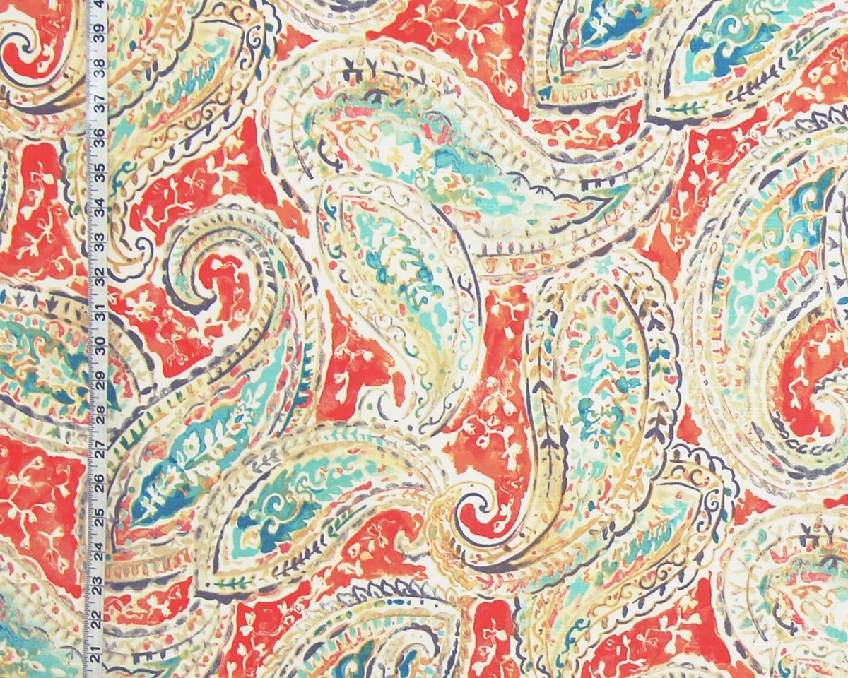 Orange teal aqua watercolor paisley fabric