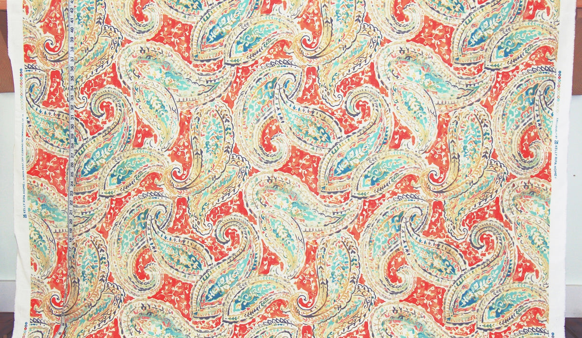 Orange teal aqua watercolor paisley fabric