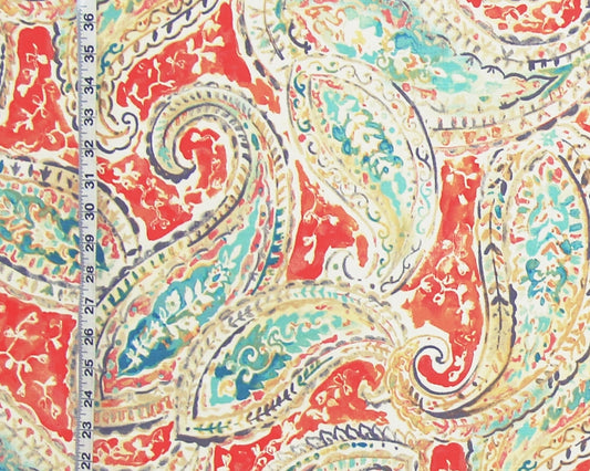 Orange teal aqua watercolor paisley fabric