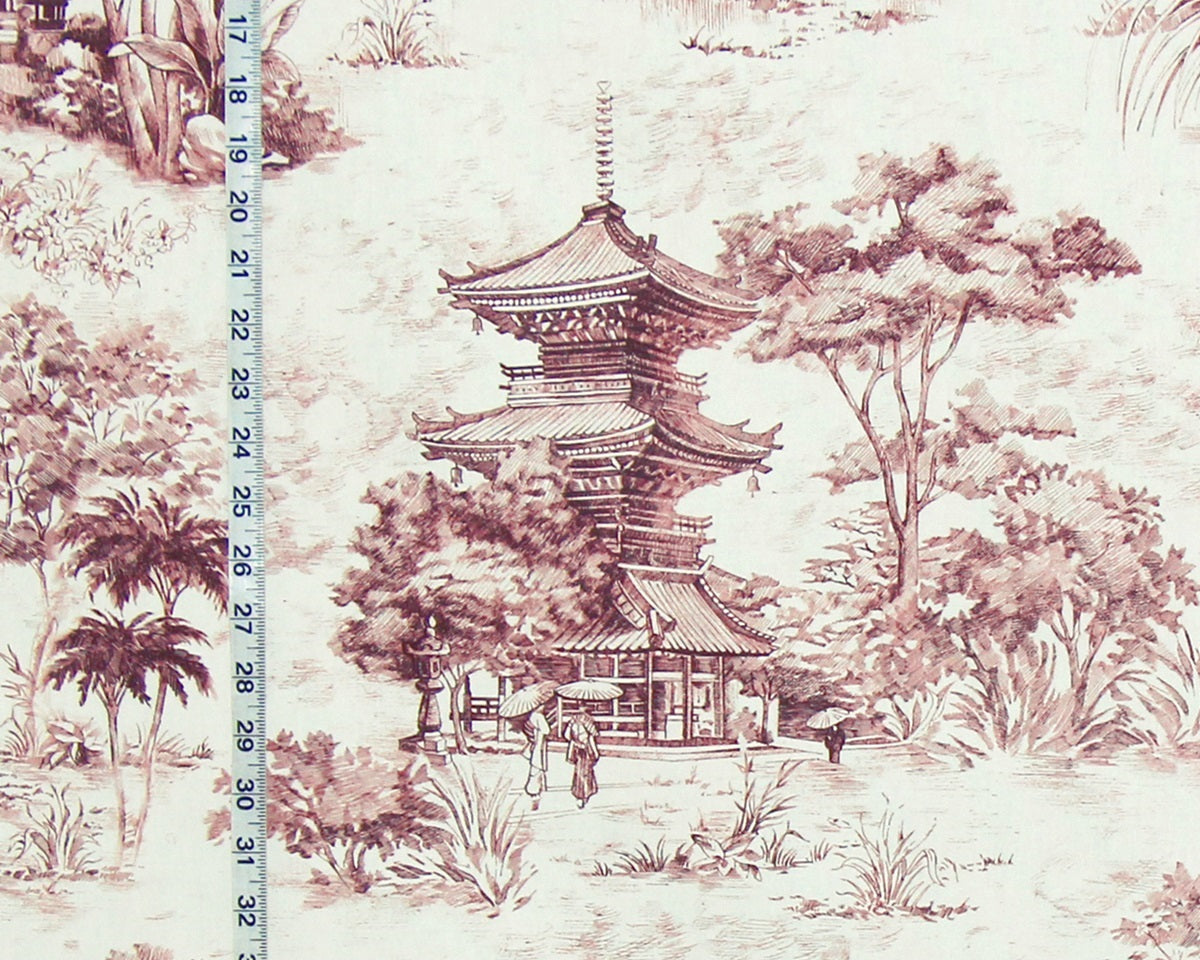 Pink pagoda toile fabric tropical Asian chinoiserie
