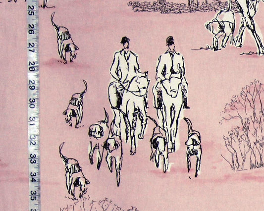 Horse Hunt Fabric - Equestrian, Hounds, Modern Toile, Pink