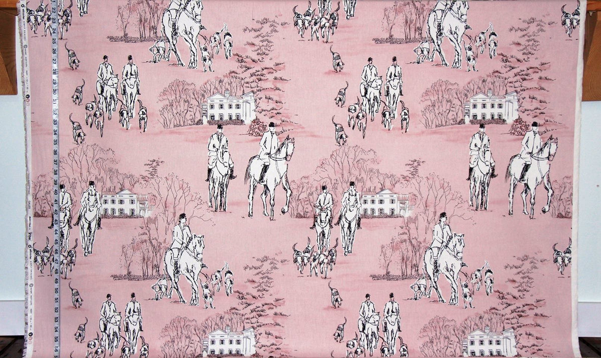 Horse Hunt Fabric - Equestrian, Hounds, Modern Toile, Pink