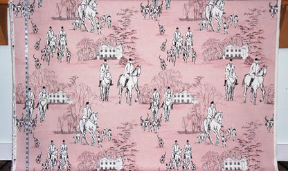 Horse Hunt Fabric - Equestrian, Hounds, Modern Toile, Pink