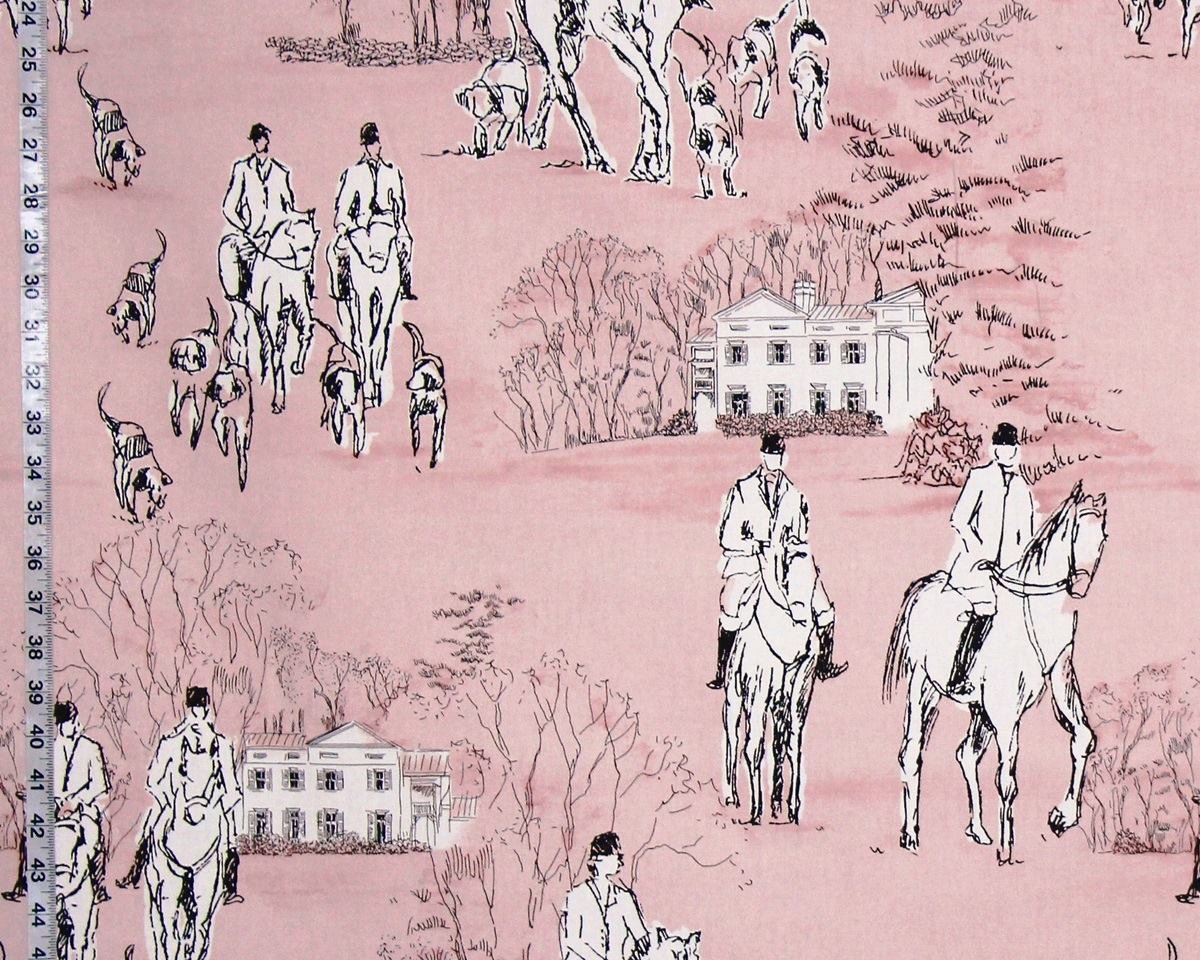 Horse Hunt Fabric - Equestrian, Hounds, Modern Toile, Pink