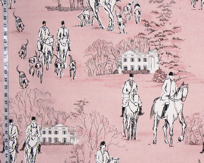 Horse Hunt Fabric - Equestrian, Hounds, Modern Toile, Pink